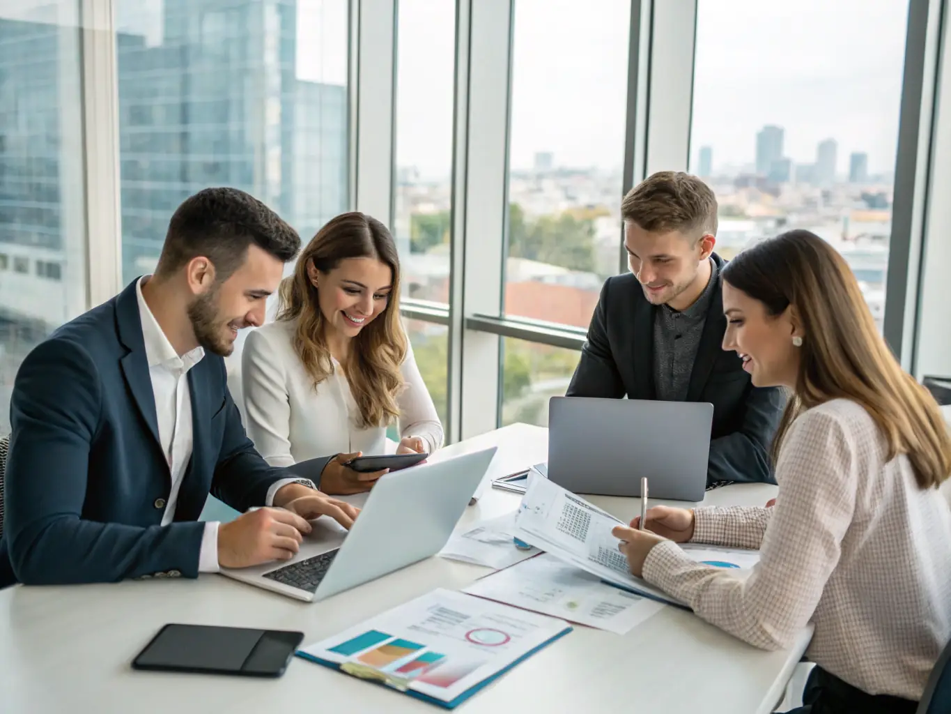 A group of advisors collaborating in a modern office setting, symbolizing the strategic advice and innovative solutions provided by 4Advisors.
