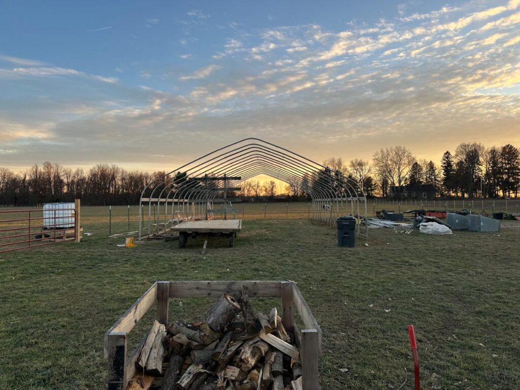 The steel frame of a new hoop house on the farm under a glowing winter sunset