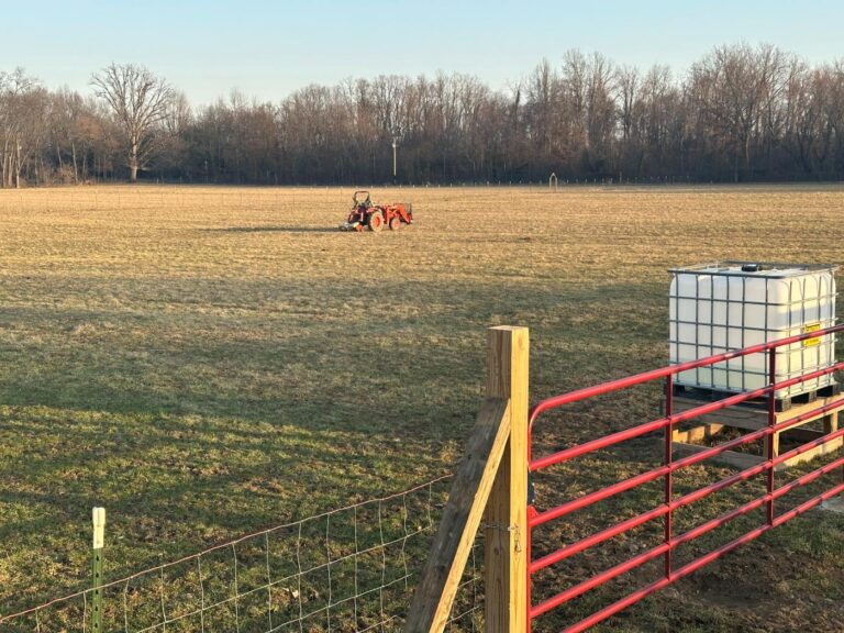 An orange tractor working an open field in late-day light, with a red farm gate and fence in the foreground