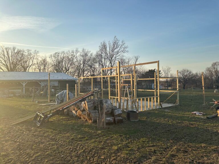 A new wood-framed building going up on the farm in late-day sun, with stacked logs and a barn in the background