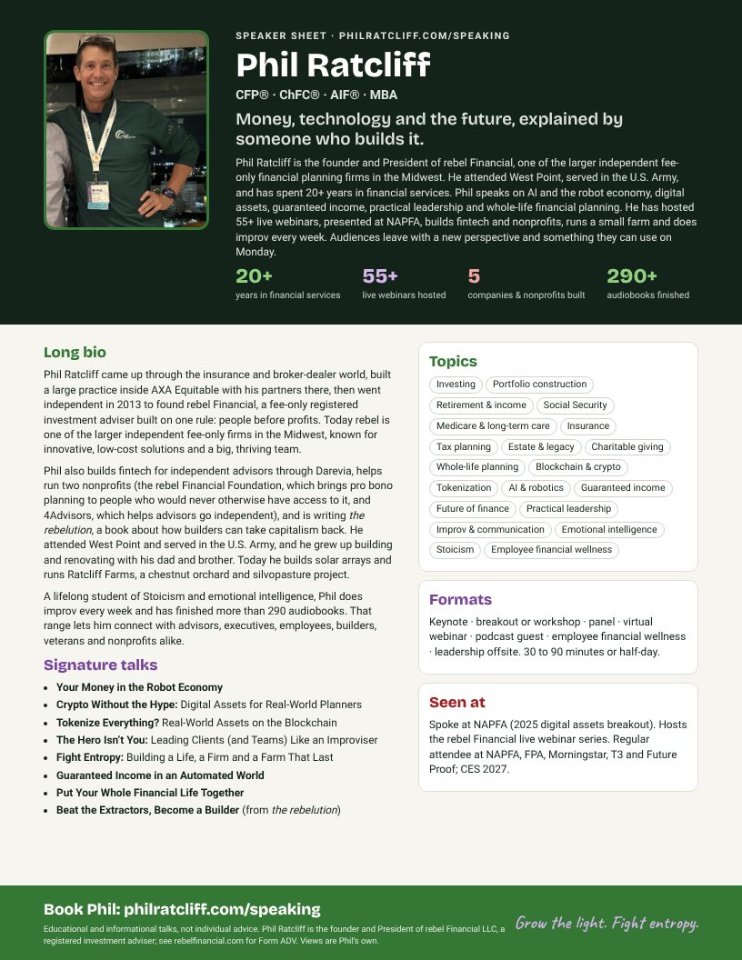 Preview of Phil Ratcliff's one-page speaker sheet