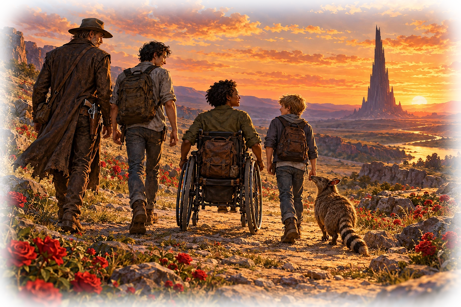 A gunslinger and his companions walk a rose-covered trail toward a dark tower at sunset